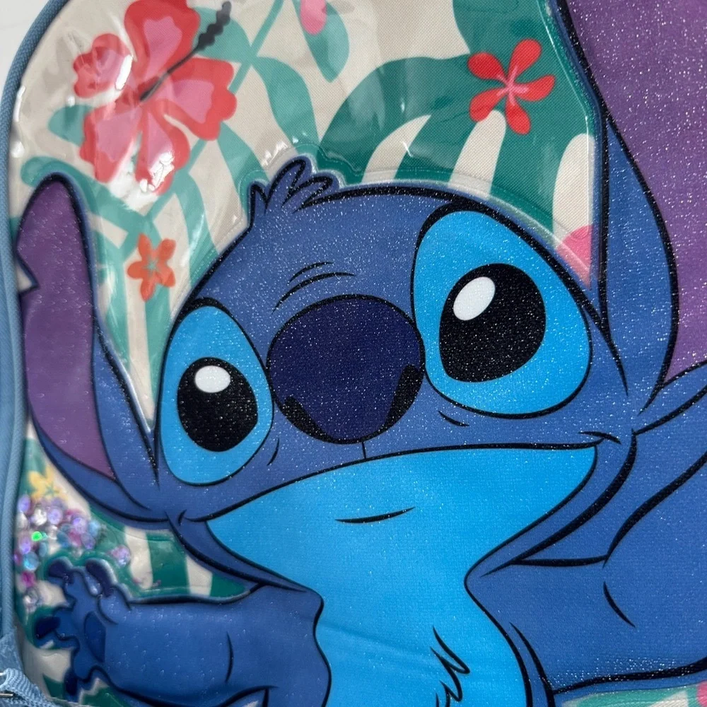 Disney Blue Stitch Kids Backpack with Floral Accents